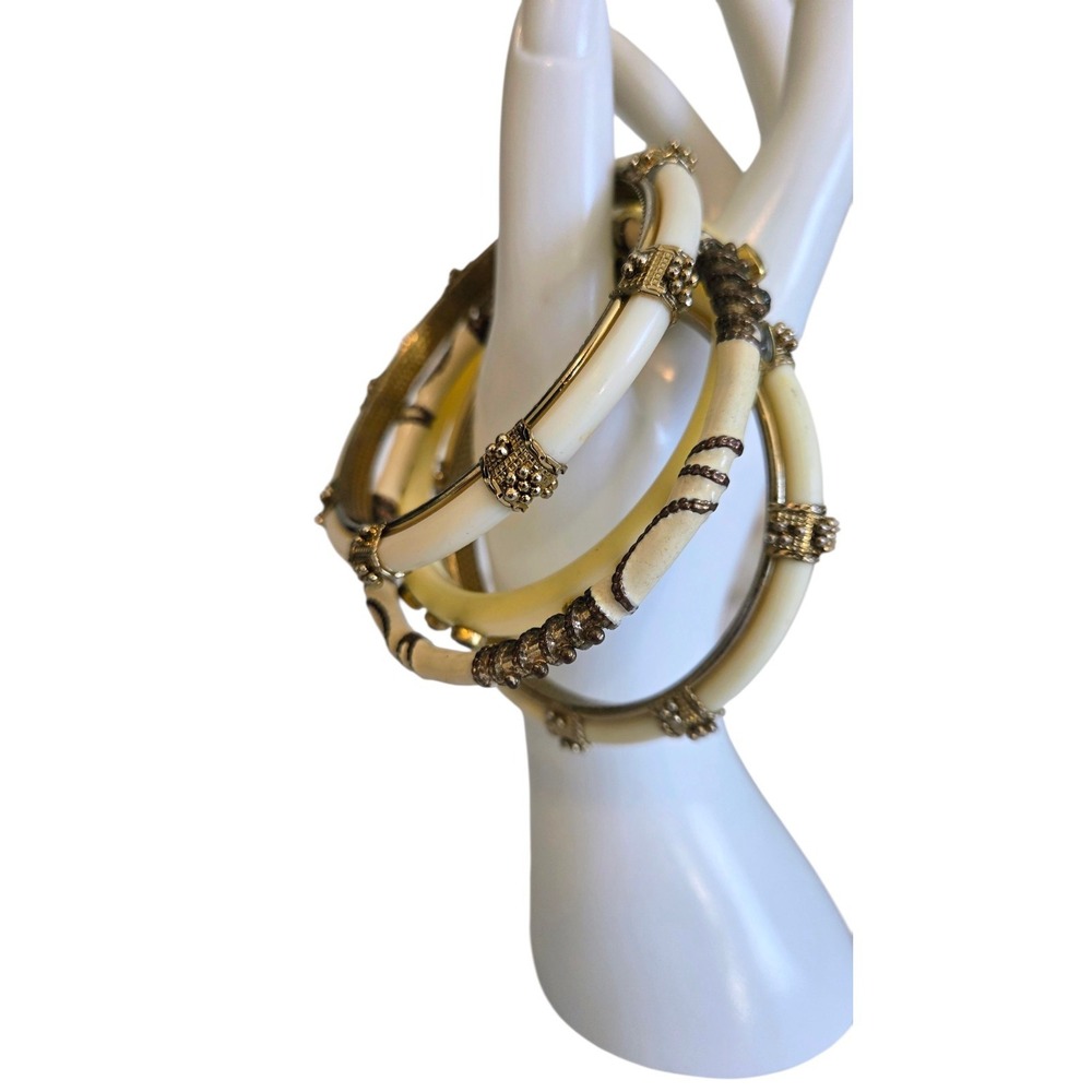 Enamel & Gold Metallic Bangle Bracelet‎ Lot Ivory Boho Indian Victorian Revival
